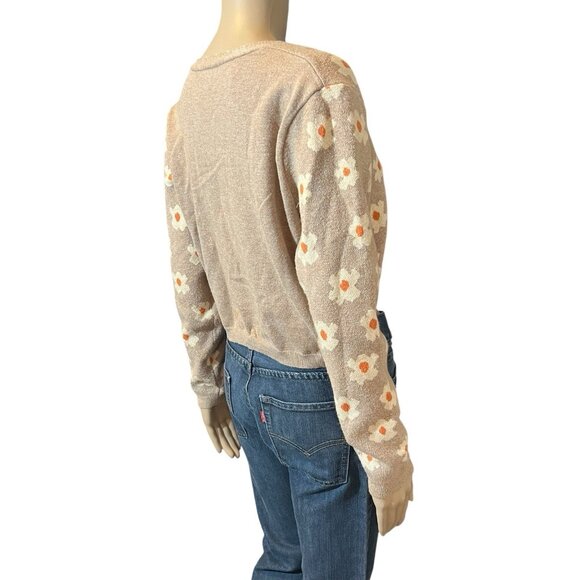 Papaya Women’s Cardigan  V Neck Buttons Crop Sweater Beige Medium Size Flowers - Picture 3 of 11